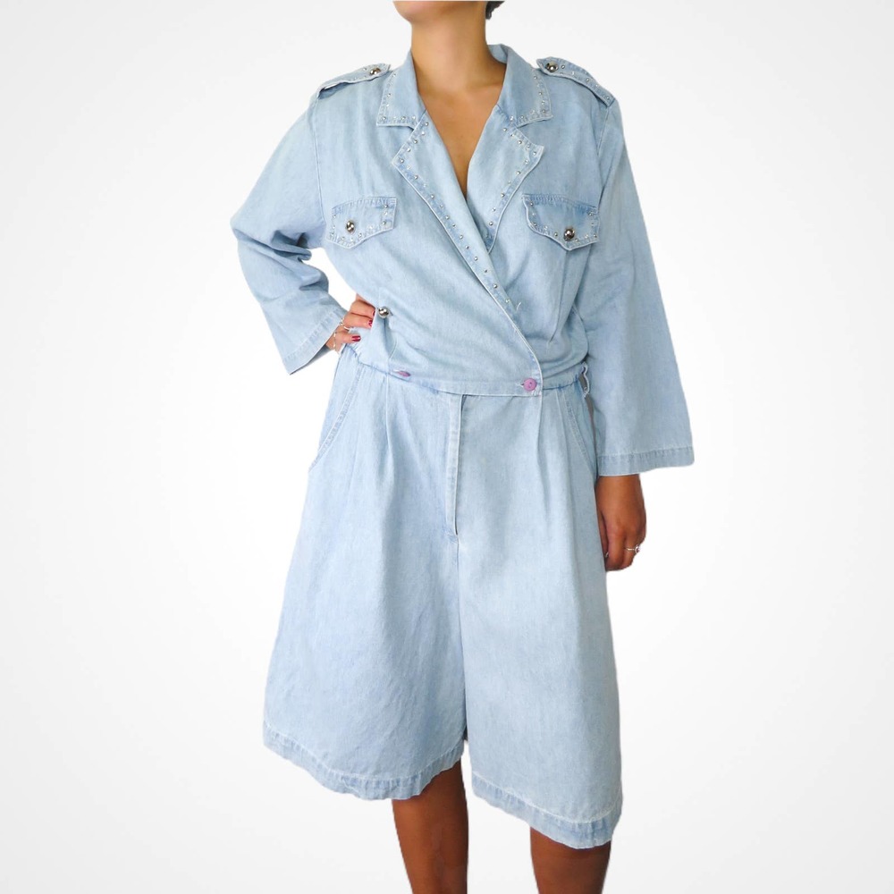 1980's Vintage Denim Romper Shoulder Pads